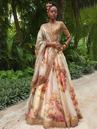 Sabyasachi Off White Floral Printed Organza Bridal Lehenga Choli